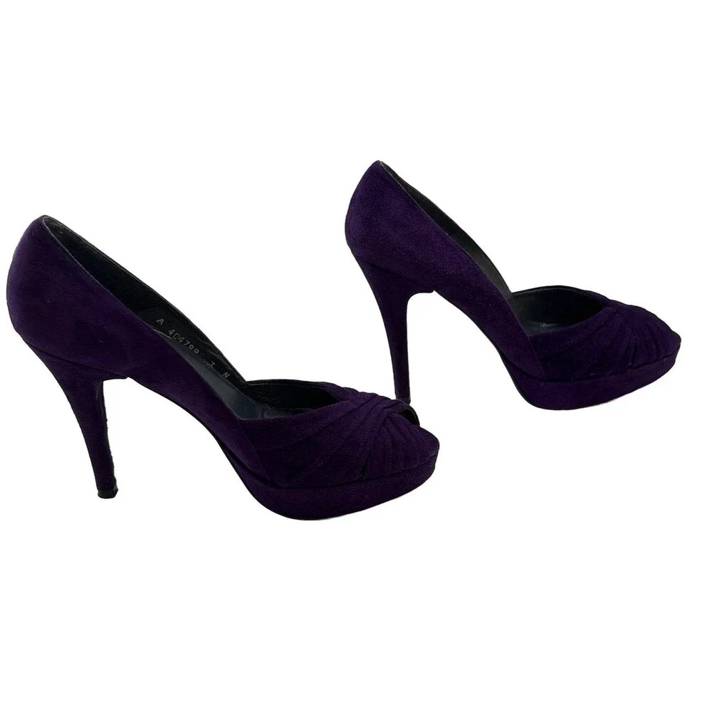Stuart Weitzman Purple Suede Peep Toe Heels Size 7N Platform Pumps